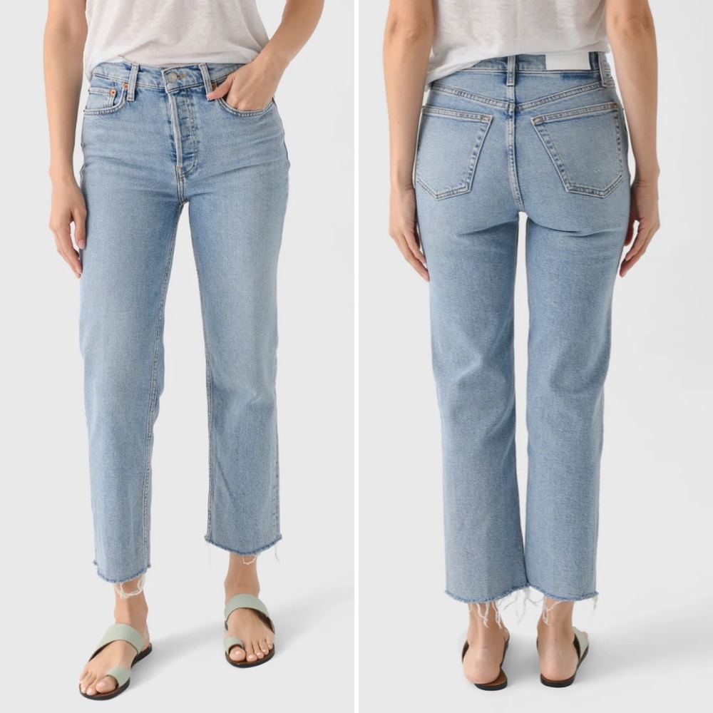 Re/Done 70s Stove Pipe Jeans in Light Wash Raw Hem Button Fly